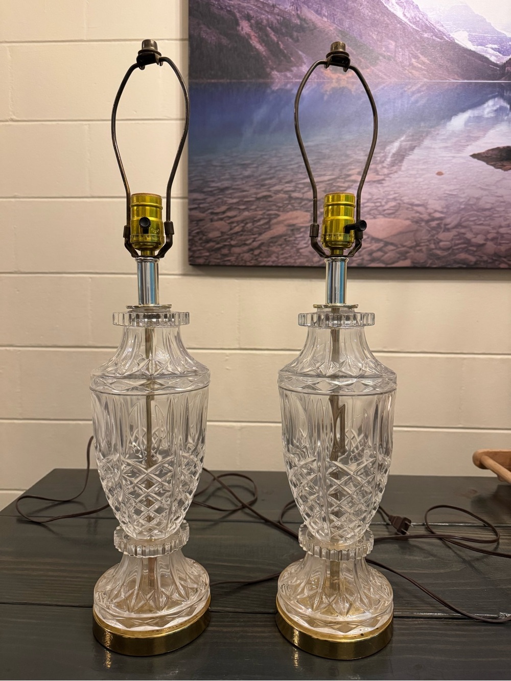 Crystal Cut Glass Table Lamp Pair with Brass Accents - Clear